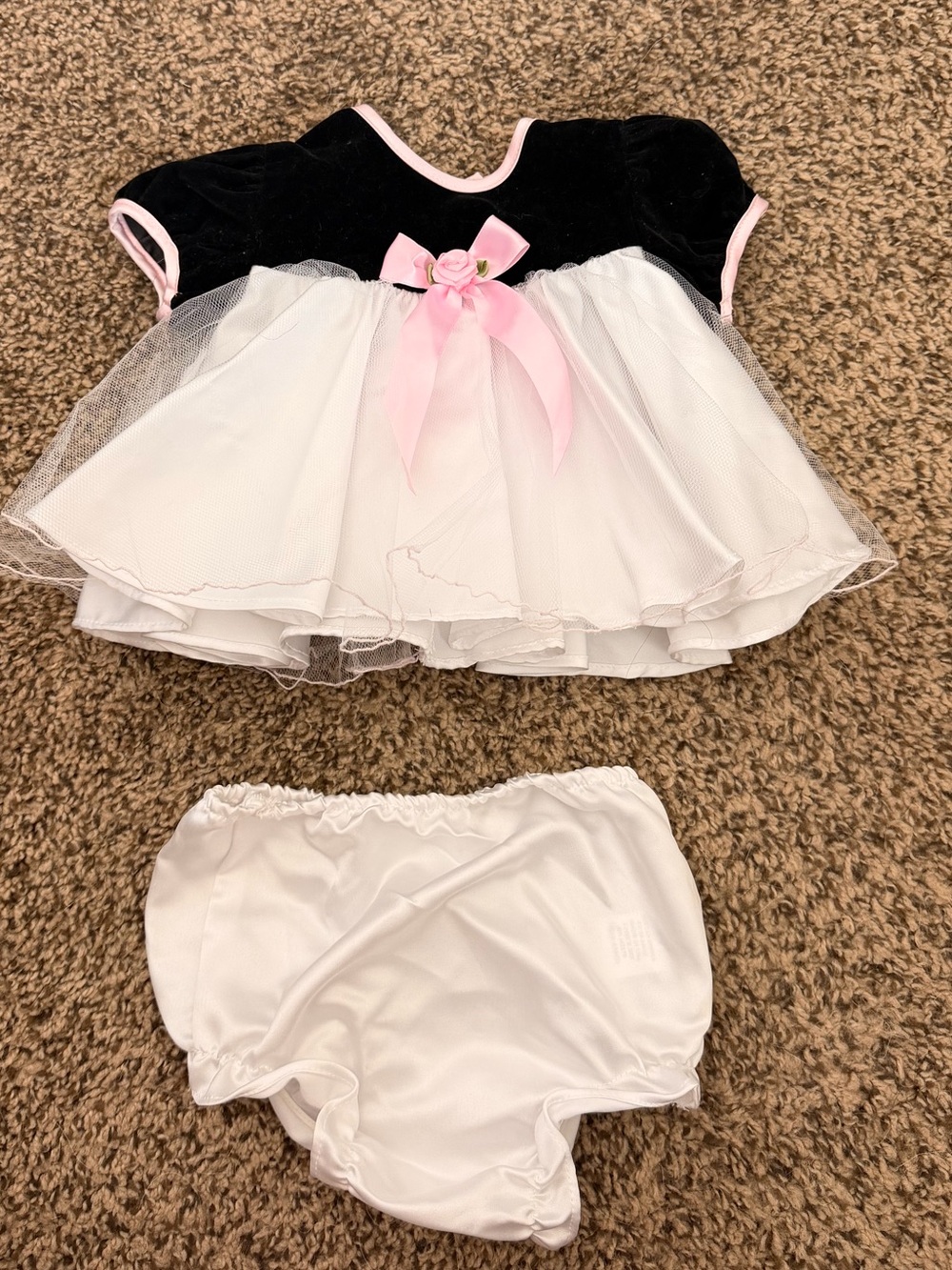 Vintage Black Velvet & White Tulle Baby Dress with Pink Bow